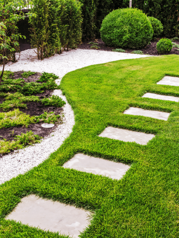 Backyard landscaping was created with new sod, paving stones, and planter bed