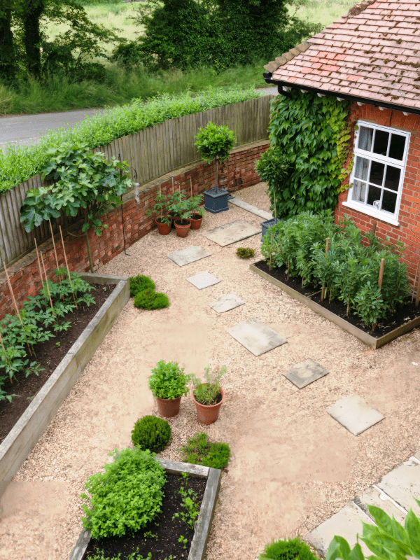 Backyard with granite cover, paver pathway, and wooden planter beds installed