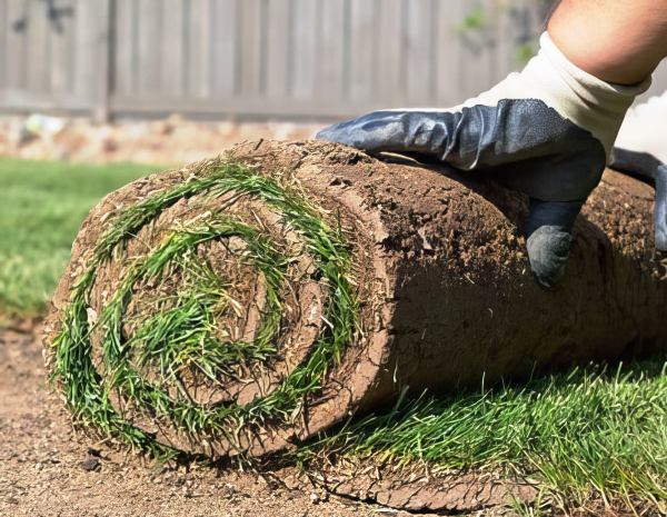 Landscape worker unrolling a piece of sod during installation