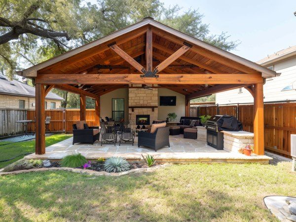 Beautiful Wooden Cedar Patio Cover in San Antonio, TX providing shade and elegance to an outdoor space