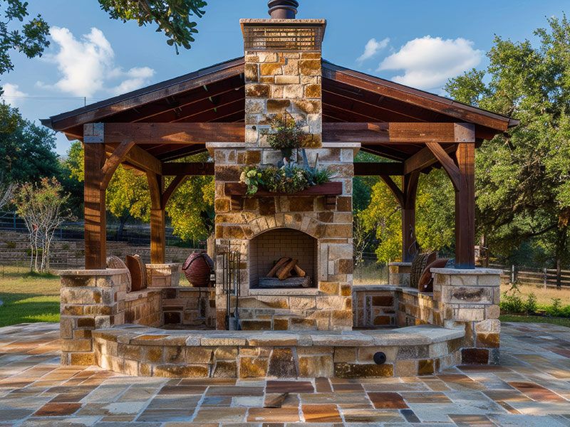 Chopped stone outdoor fireplace with a cozy cedar patio cover providing a warm and inviting backyard retreat.