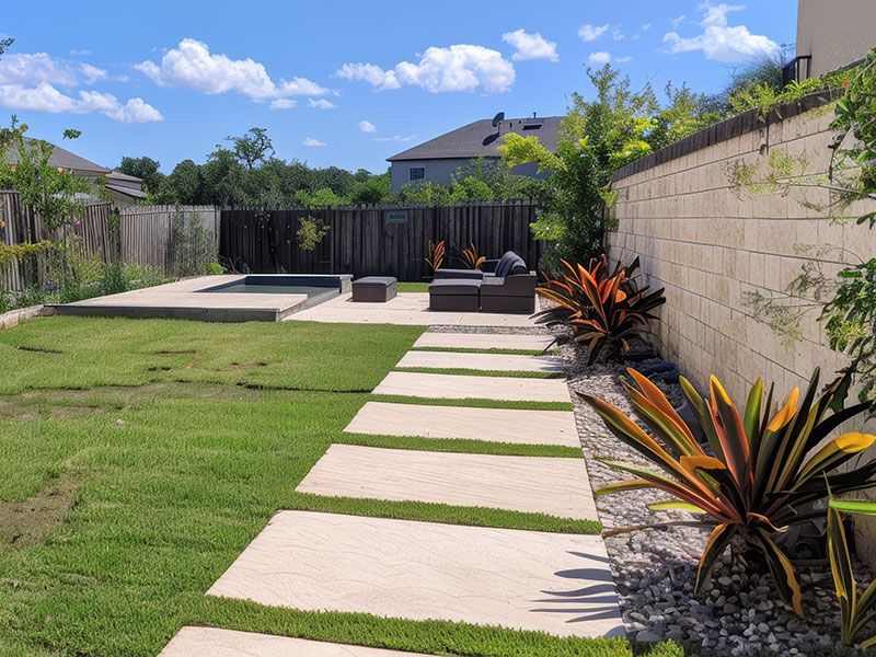 Custom concrete slabs forming a beautiful garden pathway with lush greenery and flowers on both sides