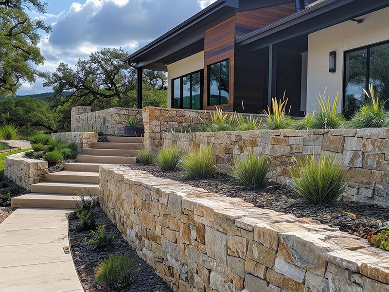 Luxury home in San Antonio, TX with durable retaining walls enhancing the landscape design