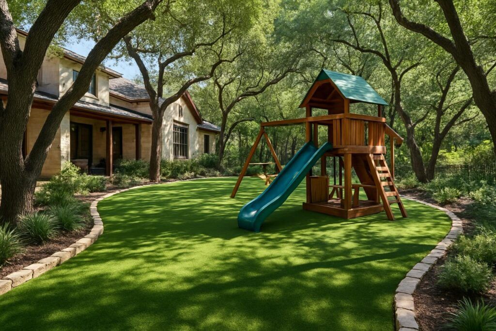 Brand New Artificial Turf Lawn Installed for an Outdoor Play Set Area in San Antonio, TX