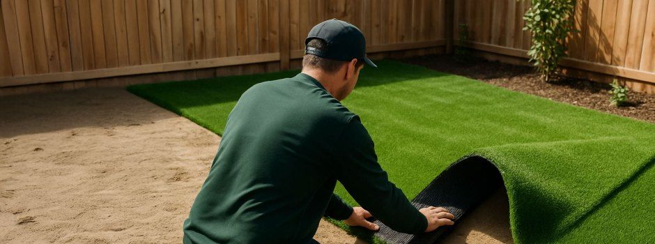Artificial turf installation in a Helotes, TX backyard with focus on vibrant green synthetic grass being laid near a stone border, while a landscaper in a dark green shirt and cap faces away from the camera.
