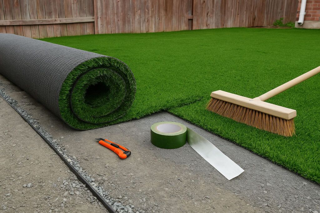 Artificial turf installation in progress at a San Antonio backyard with partially unrolled synthetic grass on a compacted base, surrounded by tools including seam tape, utility knife, and push broom.