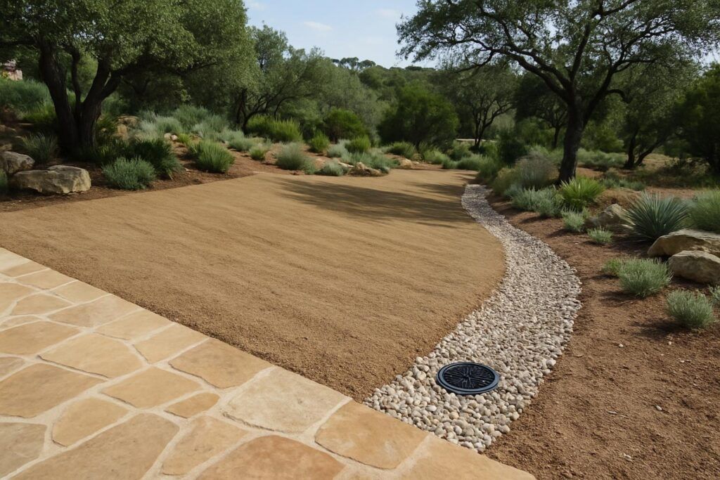 Backyard graded with slight slope away from stone patio with drainage pipe and gravel trench installation to ensure proper water flow before turf installation in Hill Country setting.