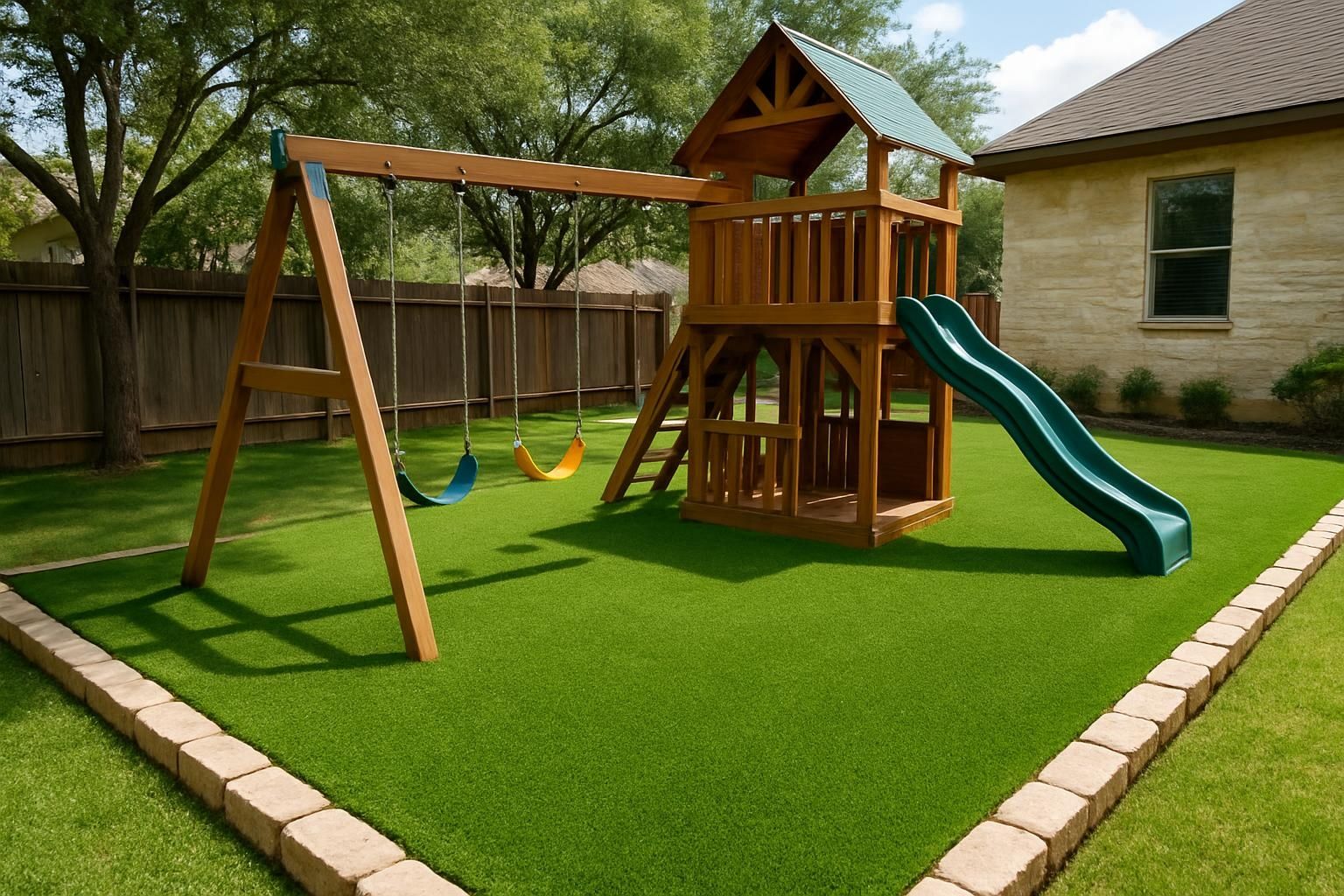 Soft safety artificial turf installed under a swing set and play structure in a Helotes backyard, vibrant cushioned surface with stone edging for a low-maintenance, child-friendly turf installation.