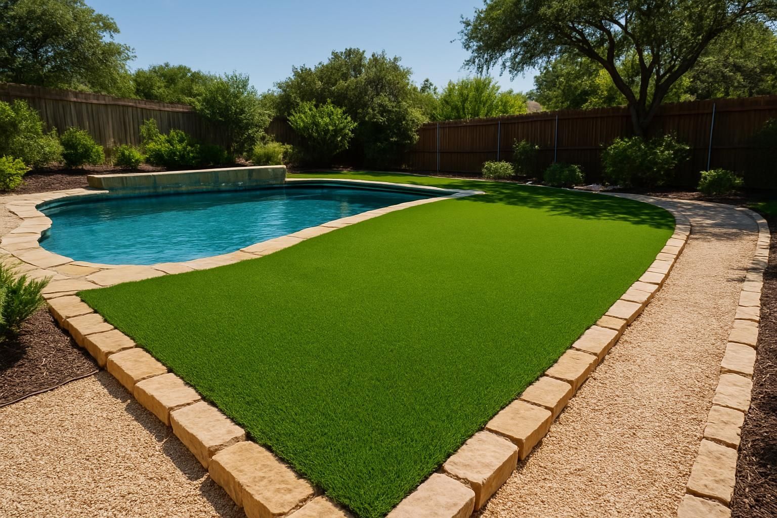 Advanced cooling artificial turf in a Helotes backyard staying vibrant under direct sun with stone borders and light gravel pathways, showcasing heat-resistant turf technology for hot-climate lawn installation.