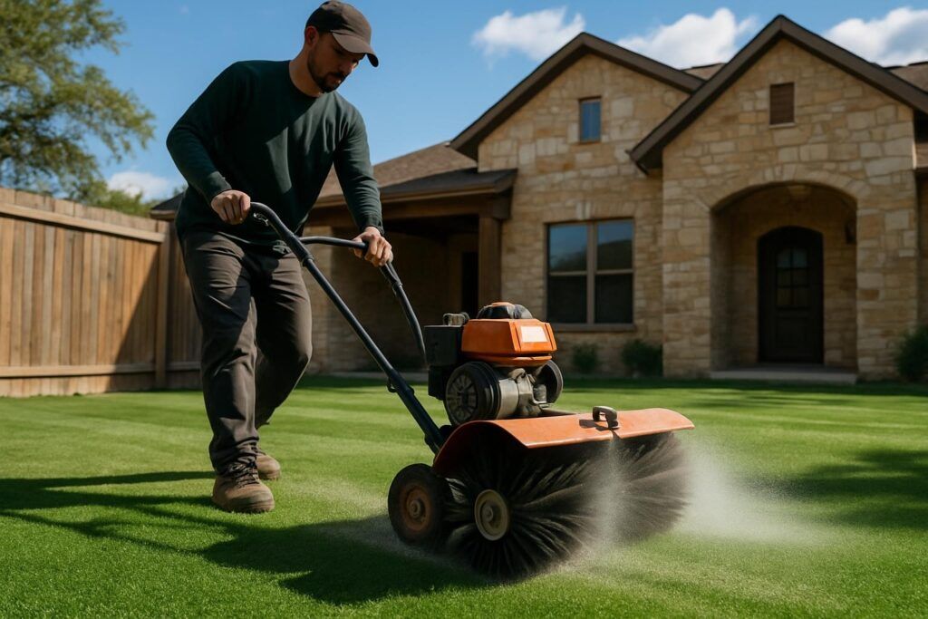 Landscaper using power broom to lift artificial turf fibers and evenly distribute infill on completed backyard lawn, finished vibrant surface ready for use in Helotes Hill Country home.
