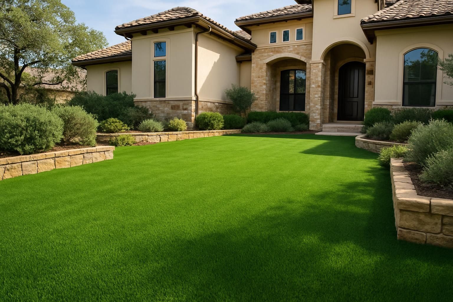 Premium artificial turf installation in the front yard of a Helotes luxury home, deep green manicured surface bordered by stone planters and native shrubs—high-end residential turf installation for curb appeal.
