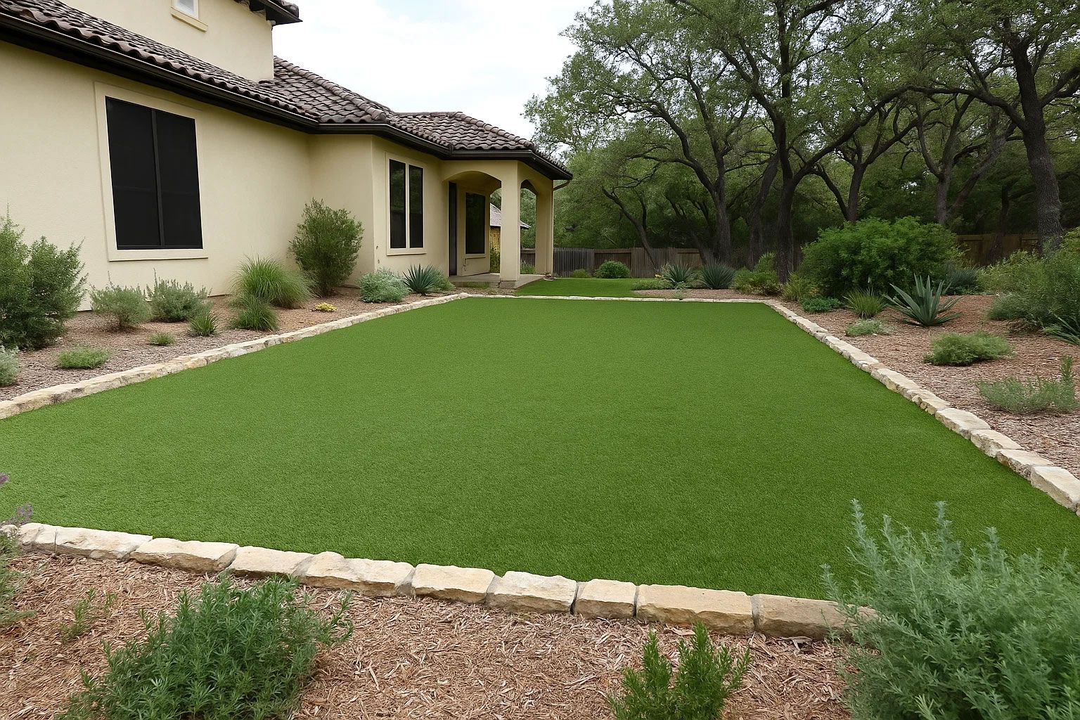 Versatile artificial turf lawn in Helotes side yard covering a rectangular play and activity area with durable medium-pile turf, framed by native plants and stone borders—perfect for multi-use residential turf installation.