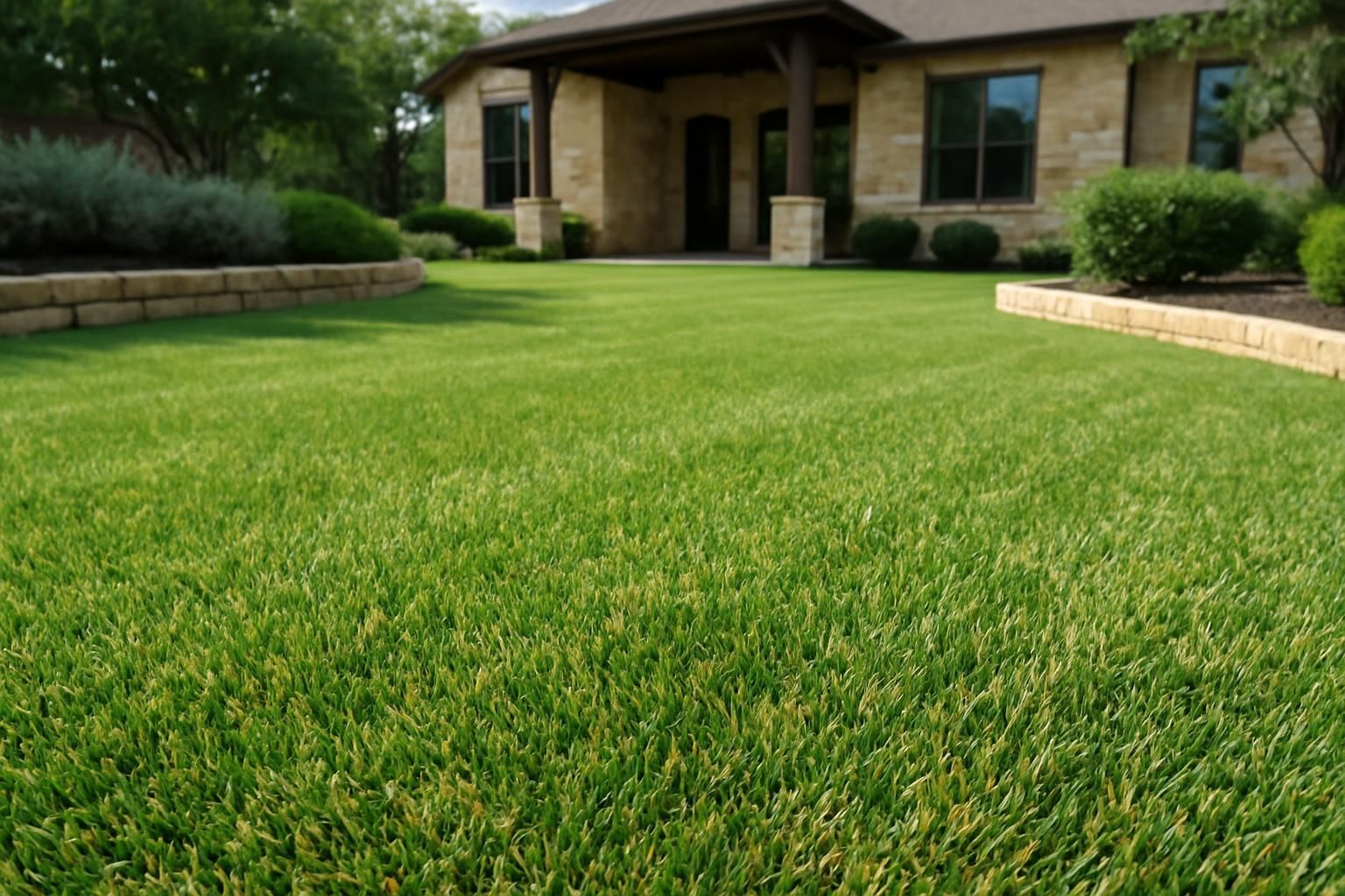 Luxury plush multi-tone artificial turf mimicking real grass with blended green and tan fibers, soft texture and natural appearance framed by stone landscape borders at a Hill Country-style home—premium turf installation.