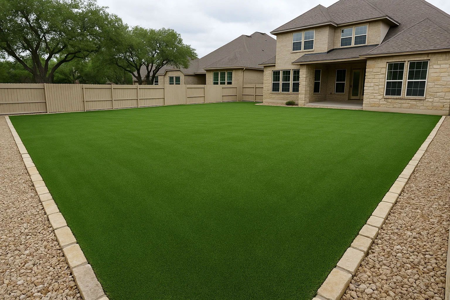 Affordable artificial turf installation in a small San Antonio backyard with medium-green synthetic grass, clean layout bordered by gravel and stone edging, ideal low-maintenance lawn replacement and turf installation service.
