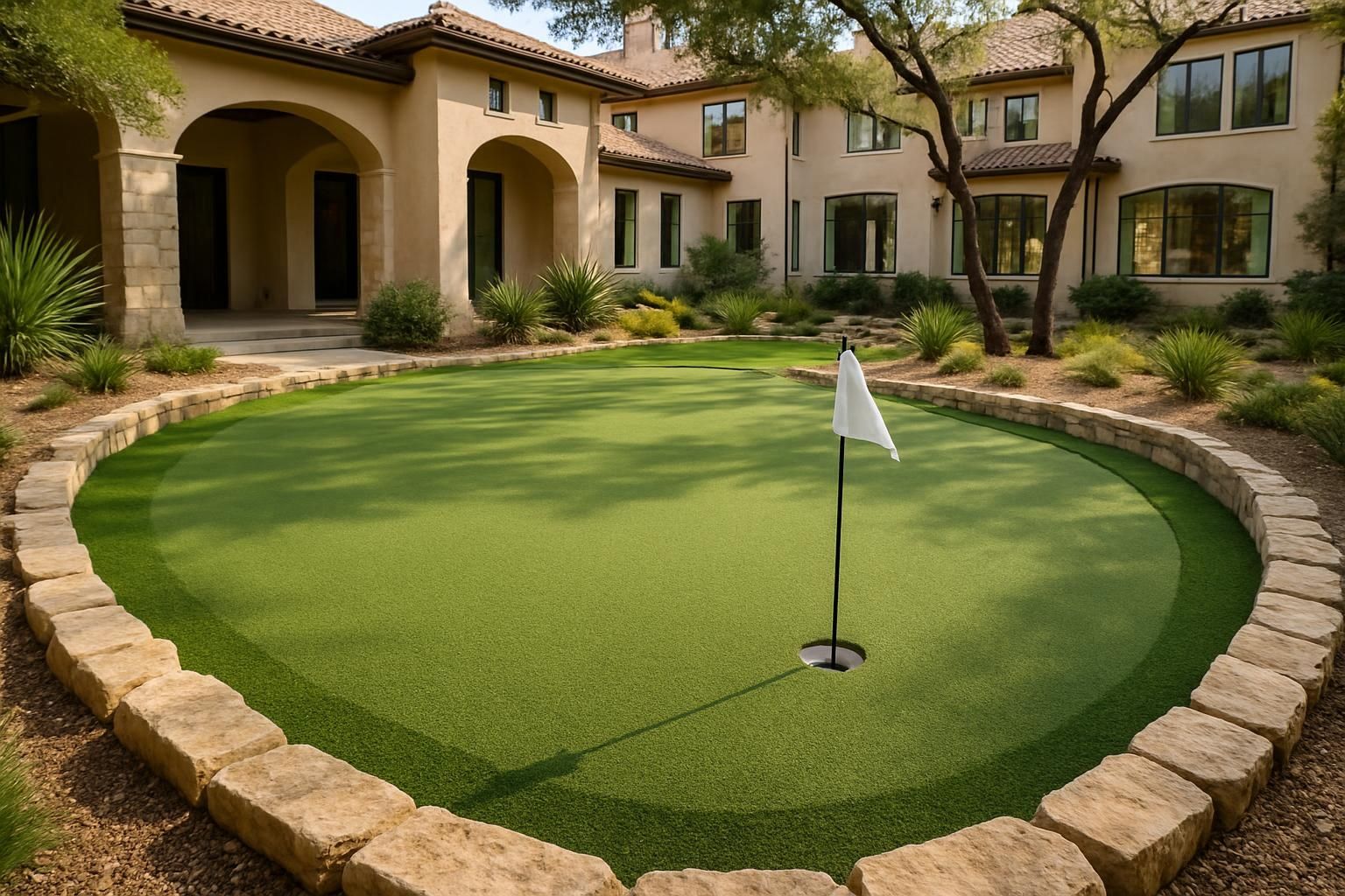 Backyard putting green with short-pile artificial turf in San Antonio featuring a smooth putting surface, small hole and flag, and surrounding stone borders—ideal residential putting green installation.