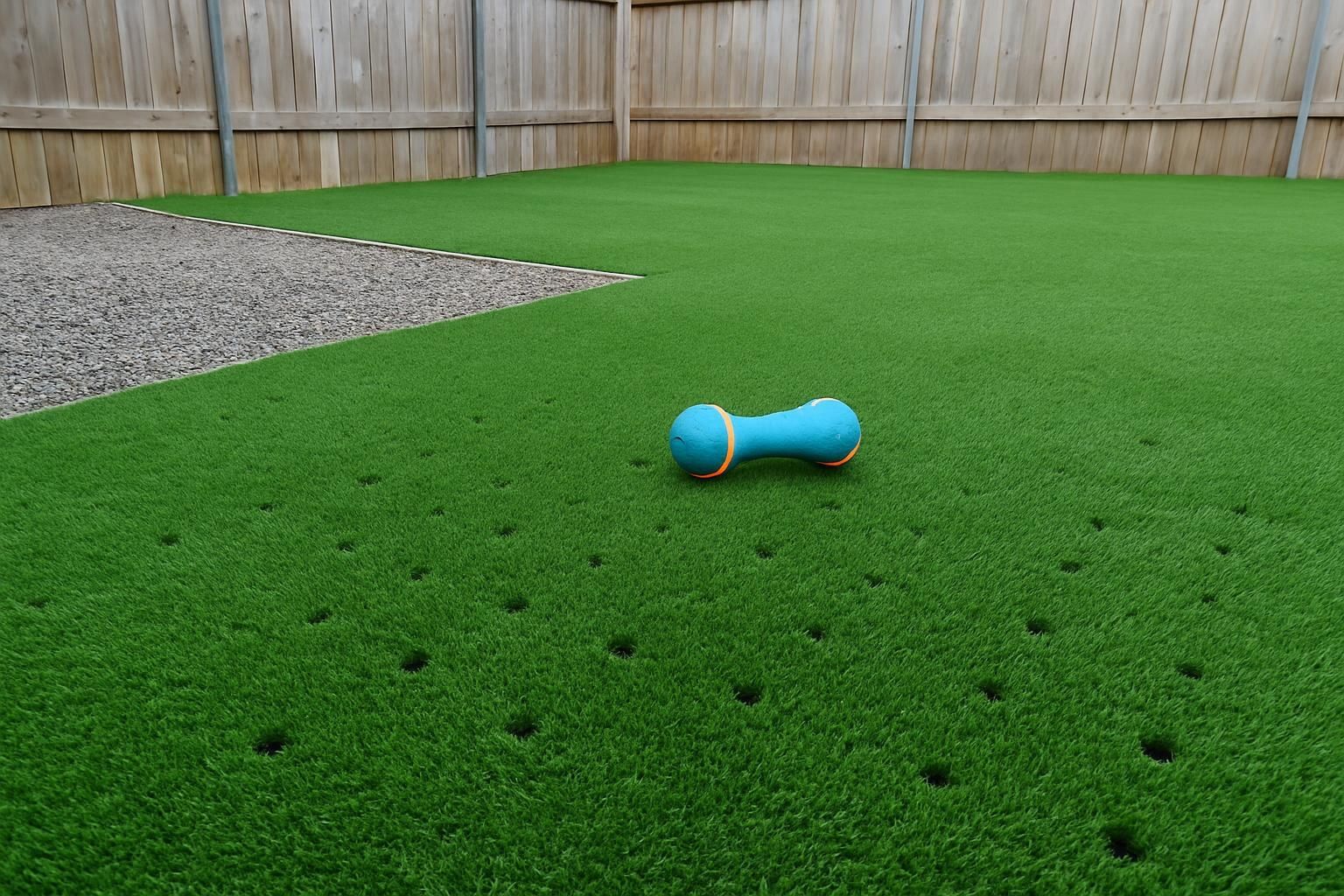 Dog-friendly artificial turf in a fenced San Antonio backyard featuring drainage holes and an adjacent gravel pet-relief zone, a vibrant low-maintenance surface designed for easy cleaning and pet turf installation.