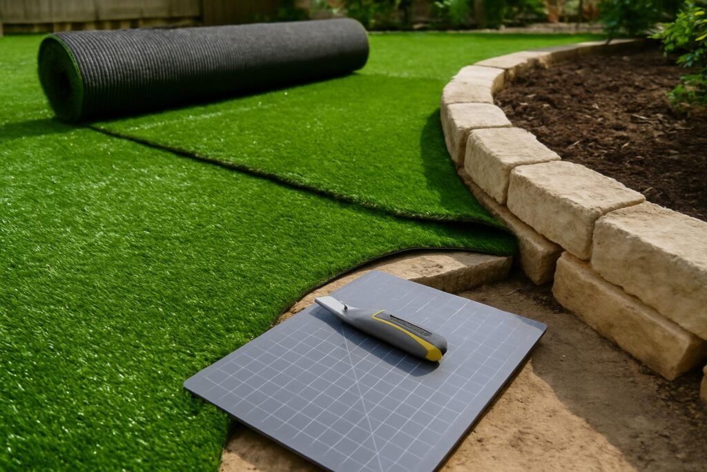 Artificial turf being rolled out and edges trimmed around stone walkway as part of backyard turf installation, landscaper kneeling to ensure precise fit and clean finish.