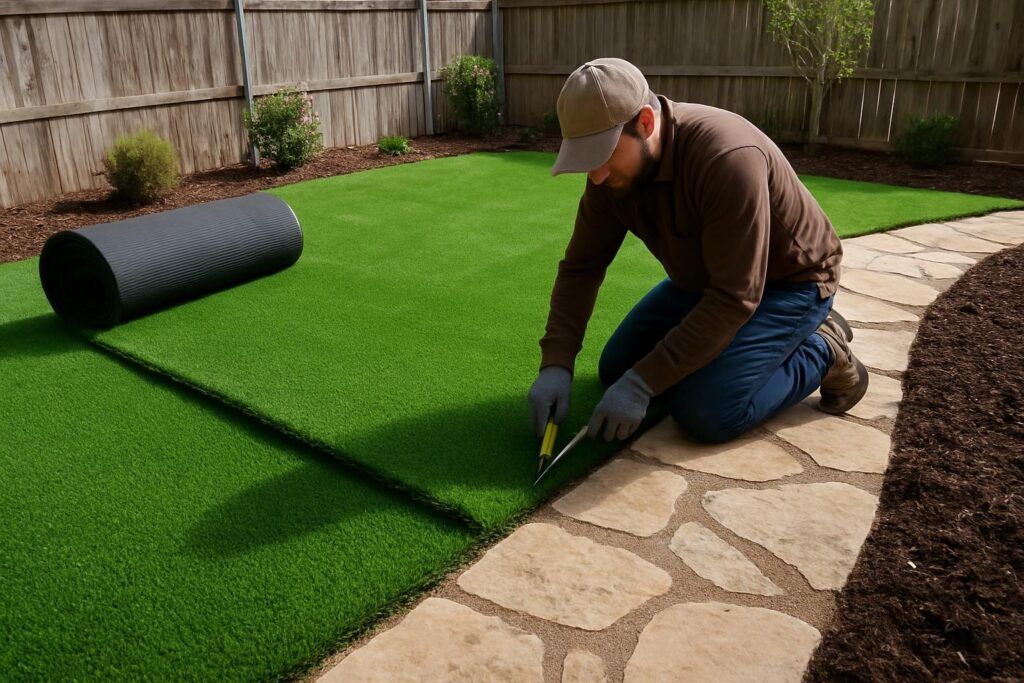 Close-up of two artificial turf rolls joined with seam tape and adhesive with landscaper pressing seam to match blade direction for invisible seam during turf installation.
