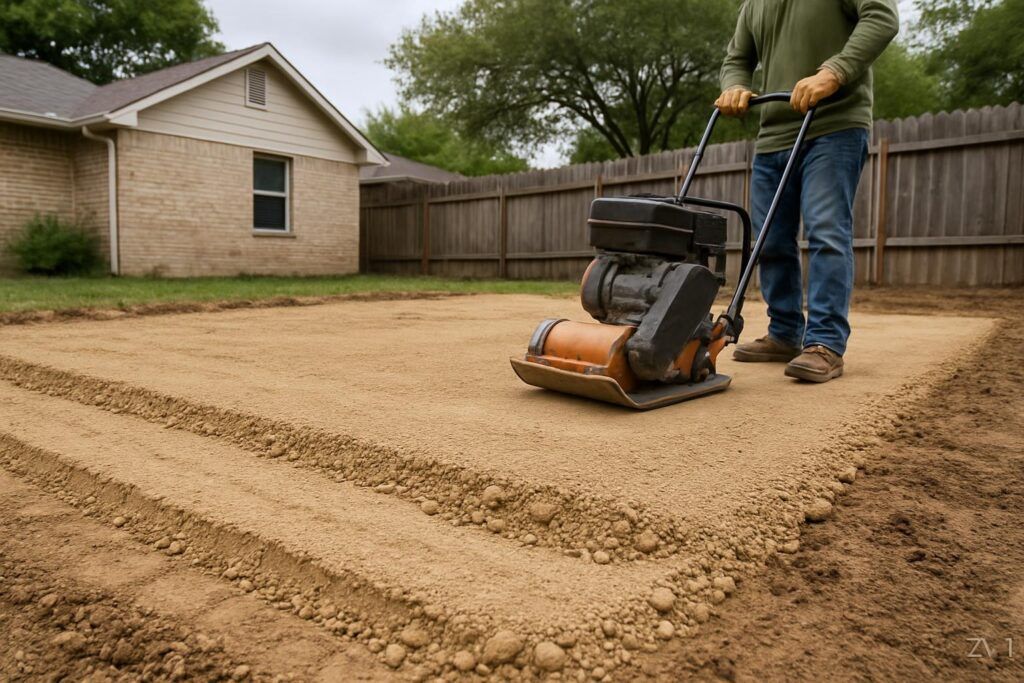 Backyard surface being prepared with compactable road base as plate compactor levels and compacts layers to create stable foundation for new turf installation.