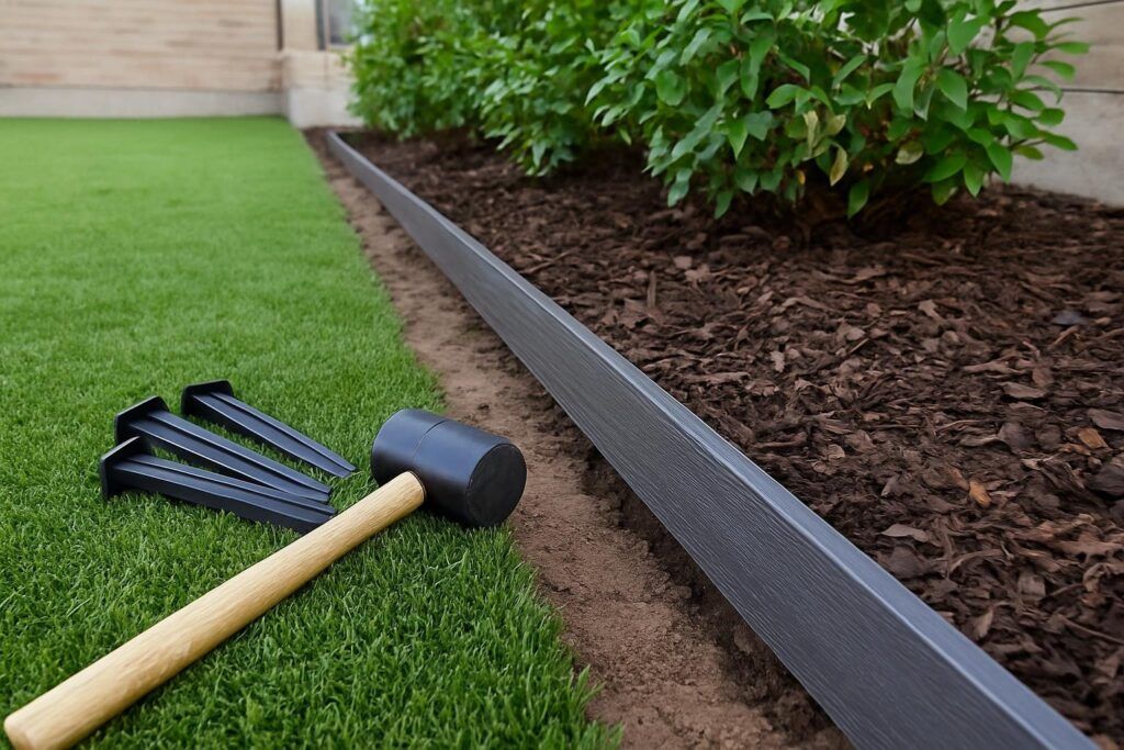 Composite edging installation along garden bed border creating clean transition between future turf and landscaped beds, partially installed steel strip with mallet and stakes visible.