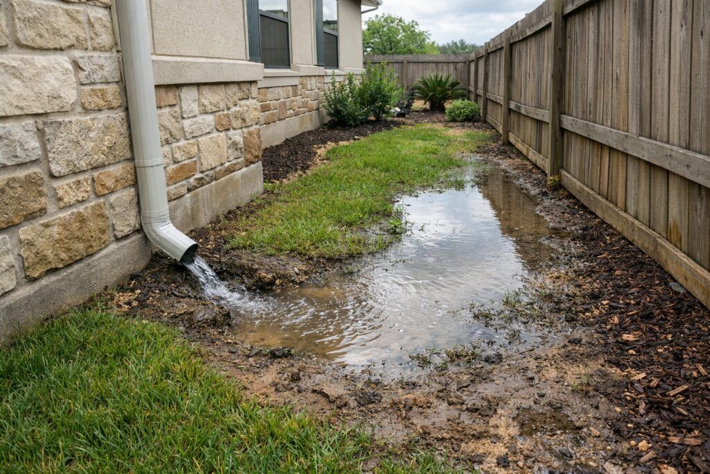 Side yard in San Antonio with a drainage issue, showing standing water, muddy soil, erosion marks, and a downspout releasing water near a fence.