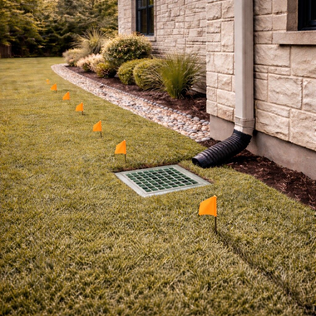 San Antonio downspout drainage planning with flagged route for yard runoff control and irrigation protection