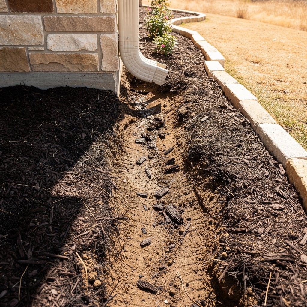 Helotes downspout erosion damage in mulch bed, landscape drainage repair with hardscape edging and irrigation protection