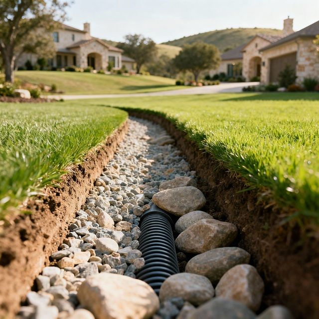 Completed residential French drain installed flush with a green lawn.