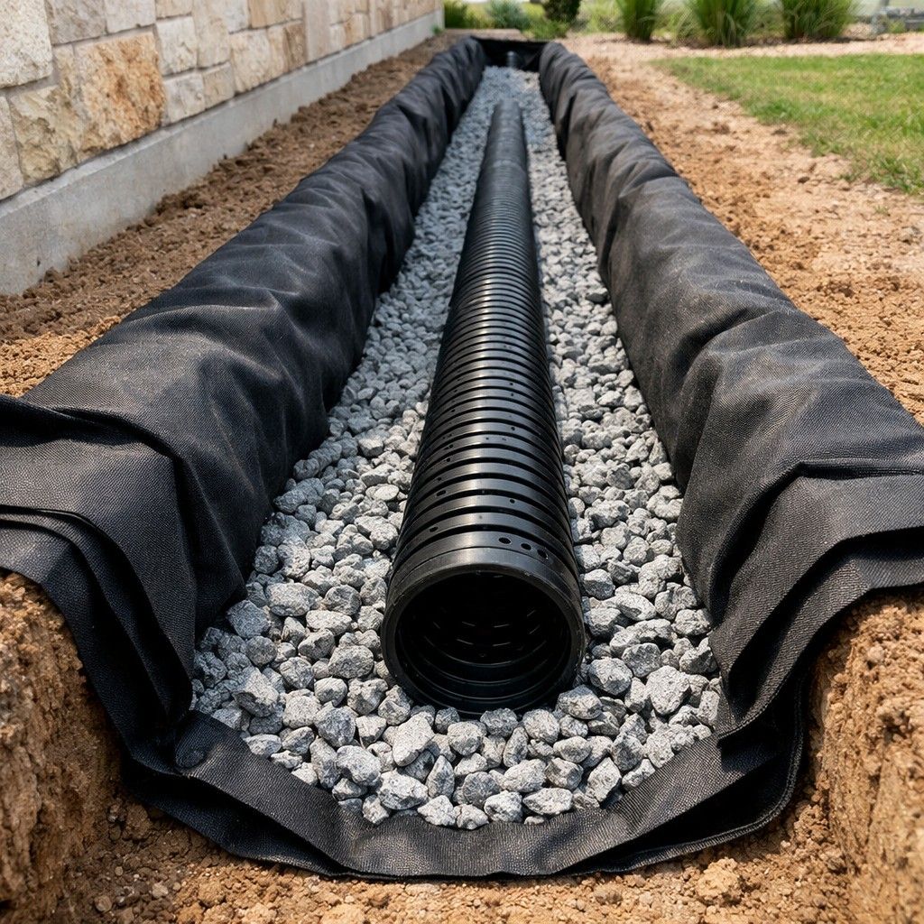 French drain installation trench with gravel and perforated pipe for yard drainage in Helotes
