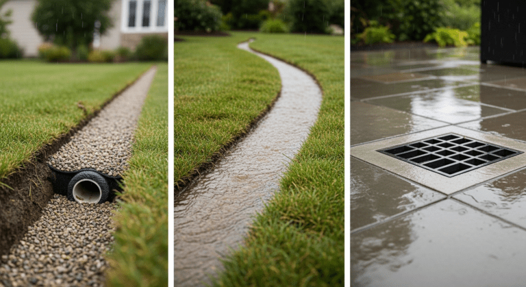 The image shows three types of drainage solutions, including a French drain, a surface drain, and a catch basin for residential yard drainage in San Antonio.