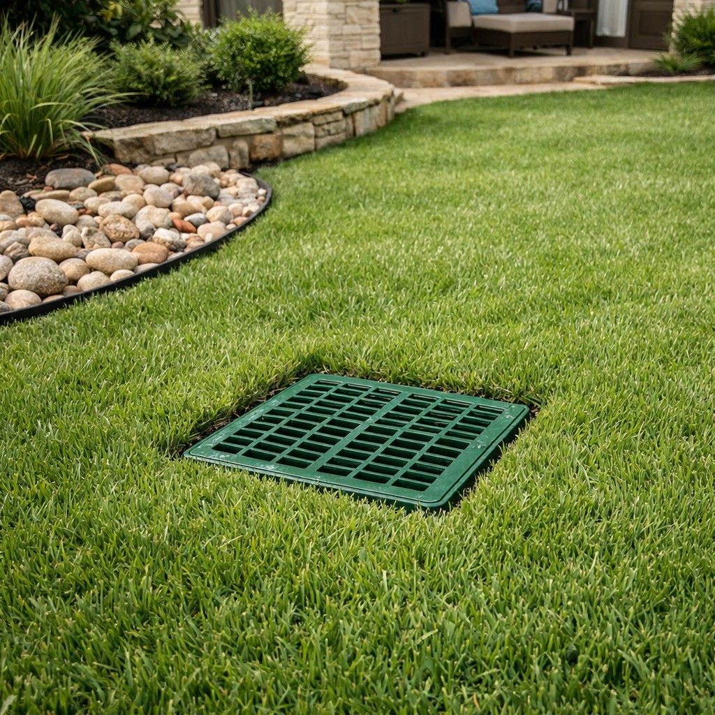 Helotes backyard drainage catch basin after rain, landscape drainage solution for lawn care and irrigation runoff control