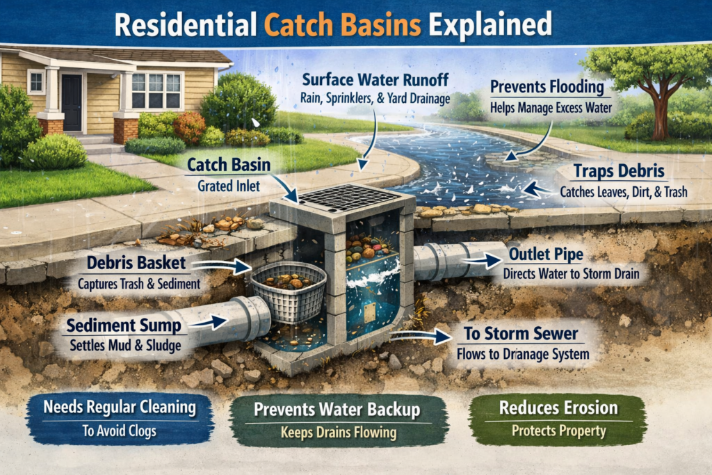 Diagram explaining a residential catch basin installation with grate, sump, and connection to a drainage pipe.