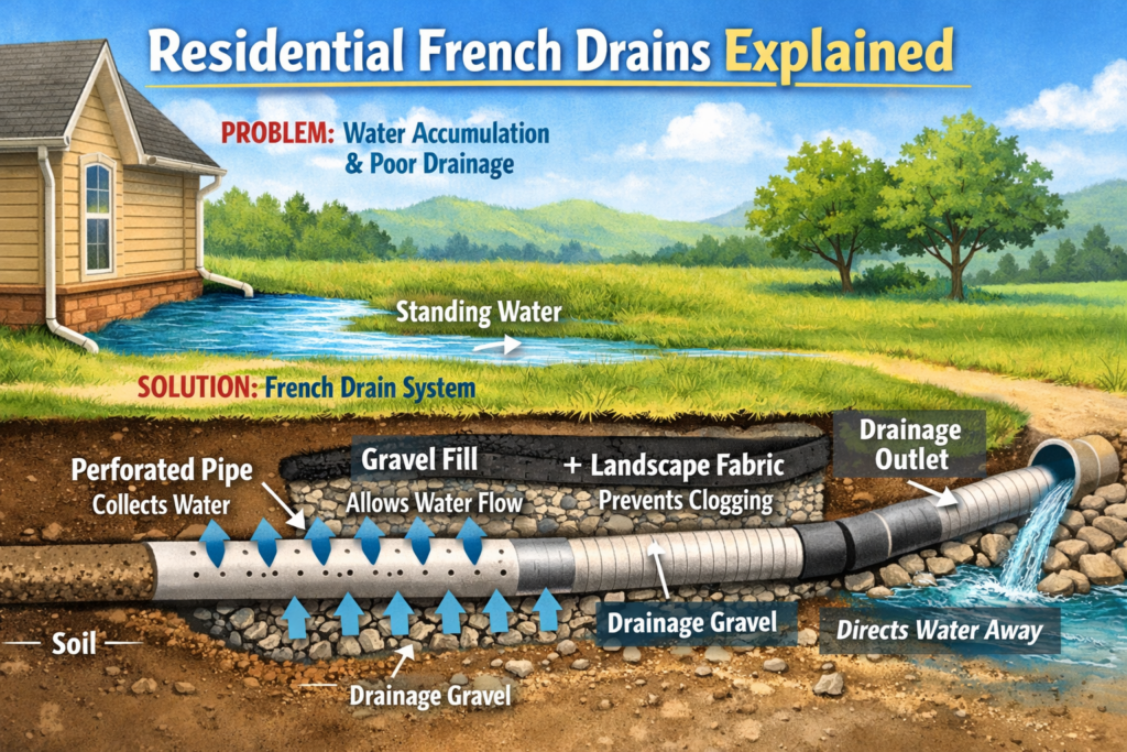 Illustration showing how a residential French drain is installed with perforated pipe, gravel, and geotextile fabric to remove subsurface water.