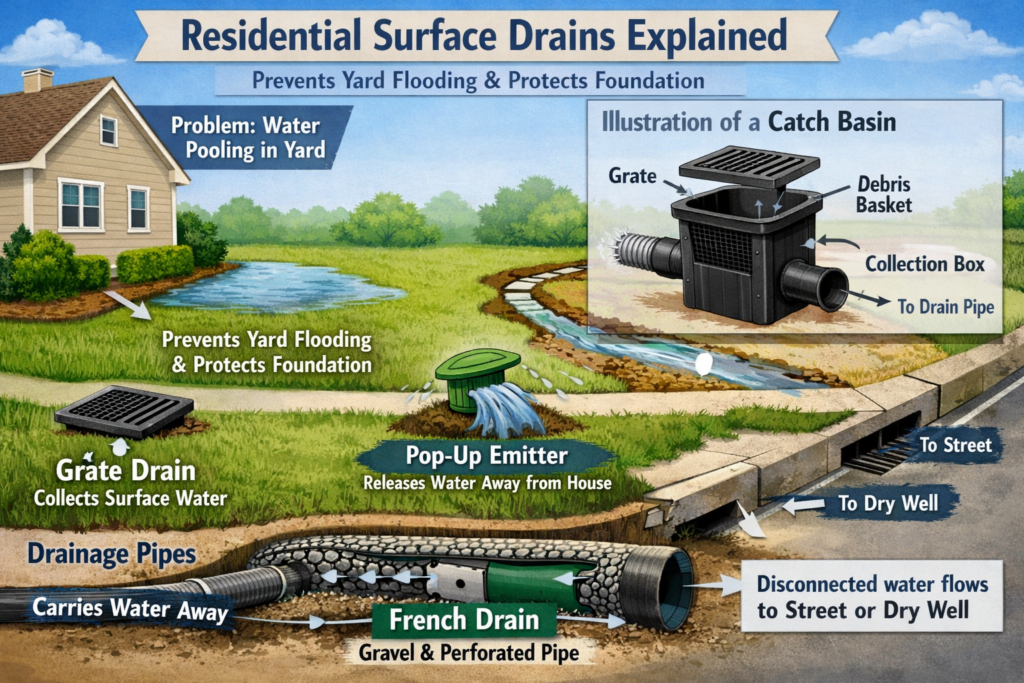 Illustration of a residential surface drain system with a trench grate and channel collecting runoff from a driveway or patio.