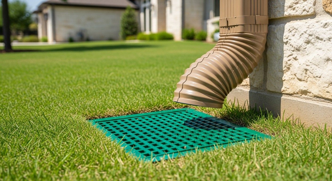 Home downspout in San Antonio connected to a buried drain line that releases water through a pop-up emitter in the lawn.