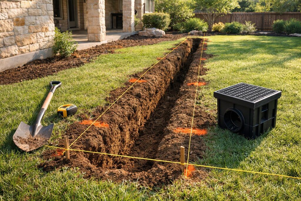 Planned drainage layout in a San Antonio backyard with a clean trench line, marking paint, string lines, tools, and a catch basin ready for installation.