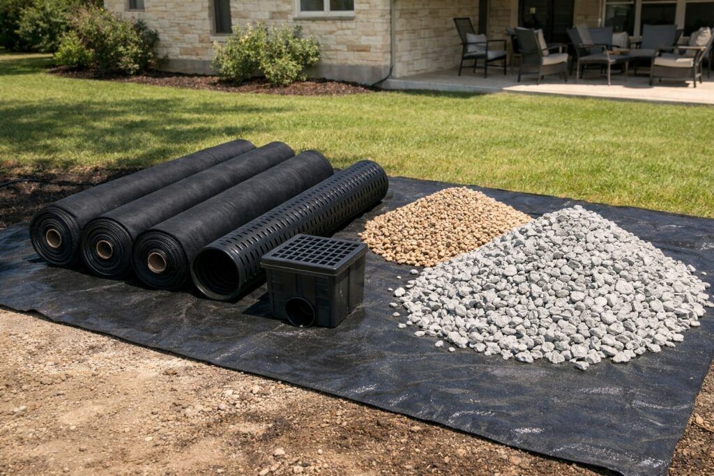 Organized drainage project setup in a San Antonio yard with gravel, geotextile fabric, perforated pipe, and a catch basin staged for installation.