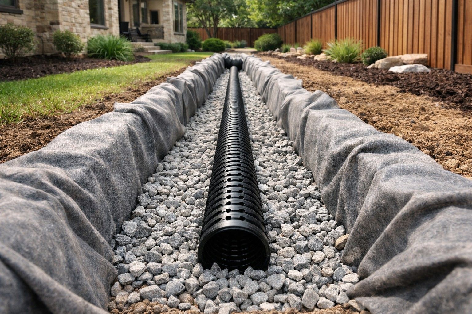 French drain installation in a San Antonio backyard with geotextile fabric, gravel base, and perforated pipe placed neatly in a straight trench.