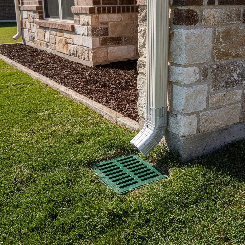 San Antonio home downspout runoff pooling near foundation; drainage fix for lawn care and landscape irrigation