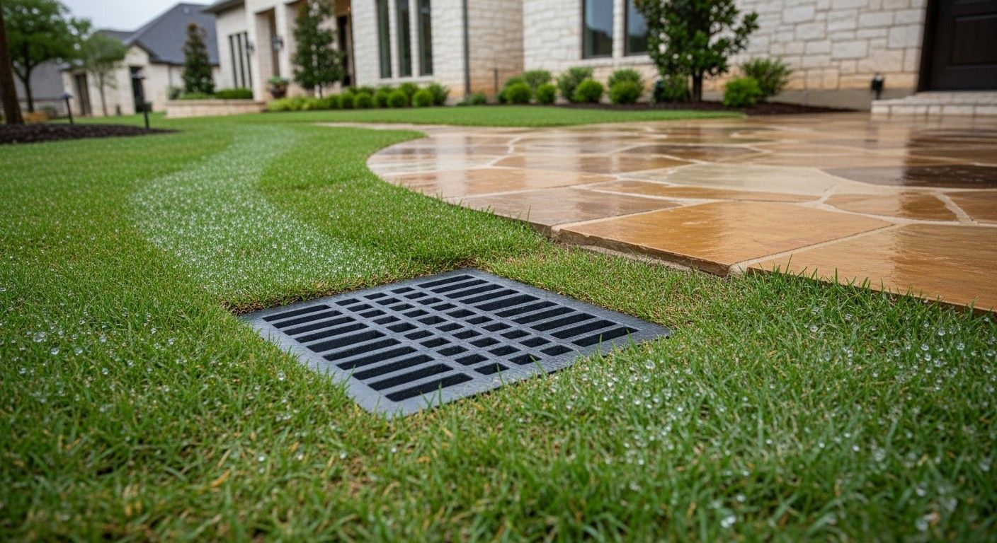 Finished surface drain installation with a square catch basin set flush in the lawn near a patio, showing proper slope and wet grass after rain.