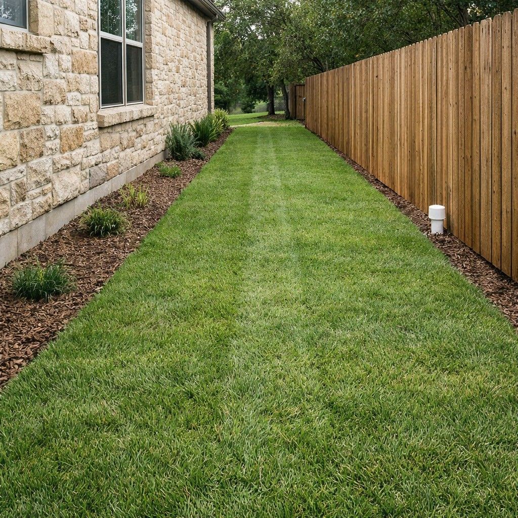 Helotes side yard French drain with cleanout and fresh sod installation for improved drainage and lawn care
