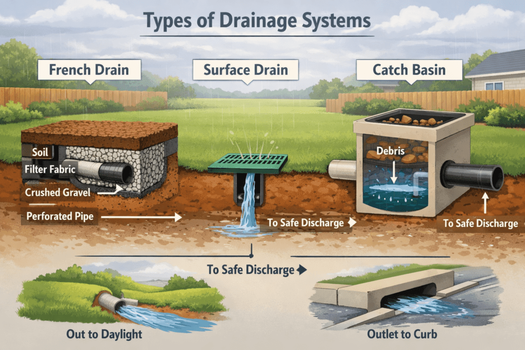Overview illustration of common residential drainage systems, including French drains, surface drains, catch basins, and downspout connections.