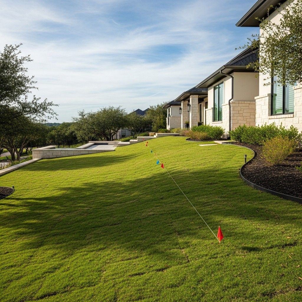 Helotes yard grading with slope markers and flags for landscape design and drainage planning