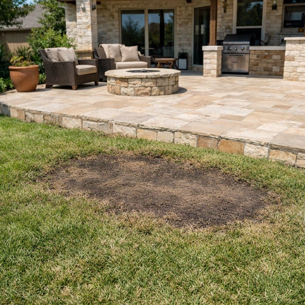 Helotes patio grading to fix low spot, improve lawn drainage, landscape design and hardscape prep
