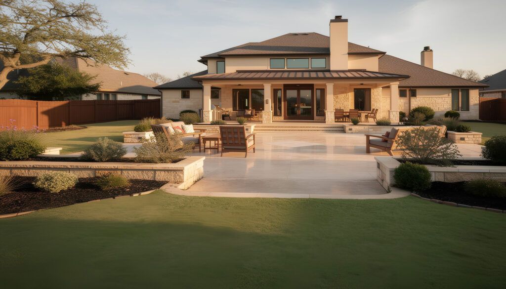 After backyard landscape refresh with drought-tolerant xeriscape plants, clean edging, and fresh mulch beds