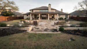 Before backyard landscape refresh showing existing lawn and planting beds, preparing for drought-tolerant landscape design