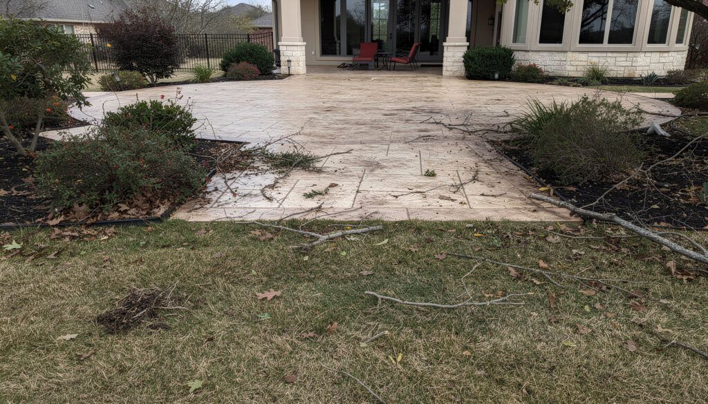 Before backyard seasonal cleanup in Shavano Park, overgrown landscaping beds and debris