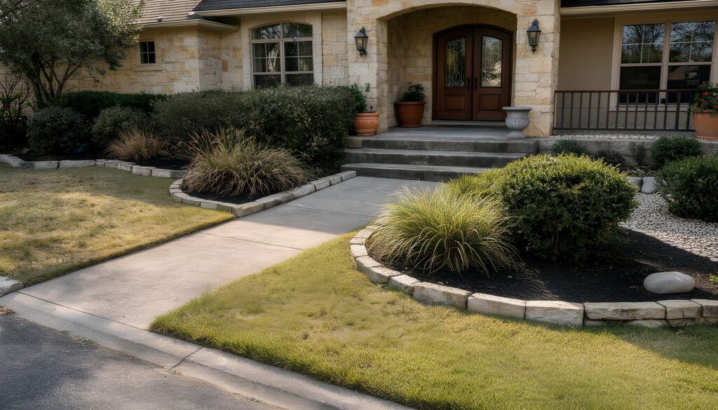 Front yard seasonal cleanup after photo with refreshed mulch beds and trimmed shrubs, professional landscaping