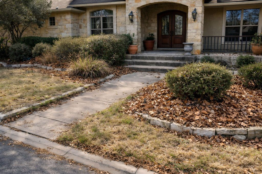 Front yard before seasonal cleanup with overgrown shrubs and messy beds, landscape maintenance landscaping