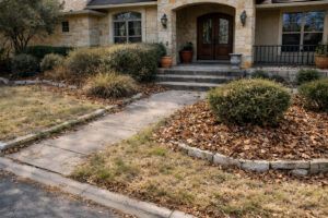 Front yard before seasonal cleanup with overgrown shrubs and messy beds, landscape maintenance landscaping
